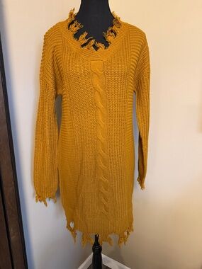 Distressed Cable-Knit Mini Dress in Mustard